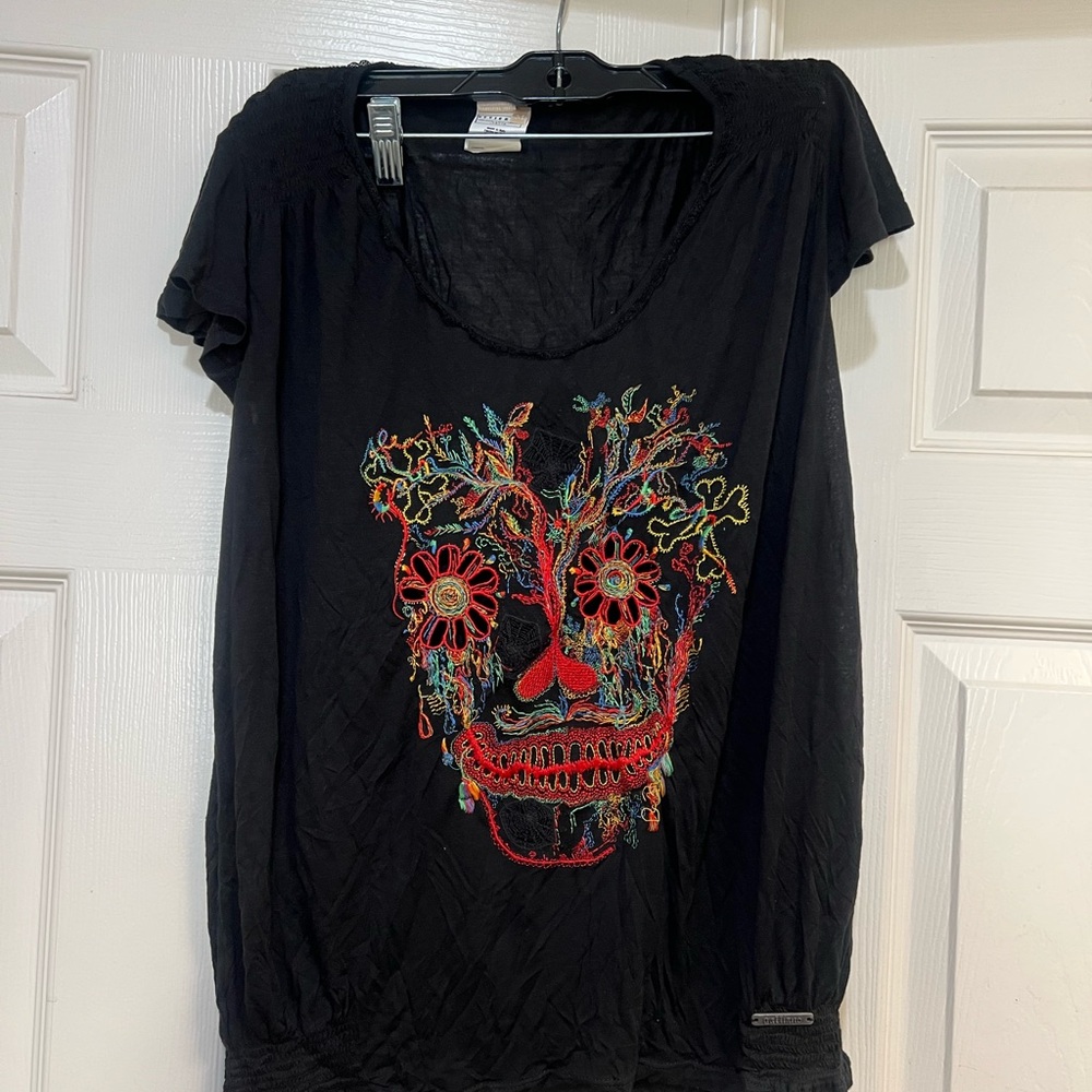 VNTG John Galliano Skull Embroidered Black Smocked Bottom Grunge goth Top ZS M - Picture 4 of 12
